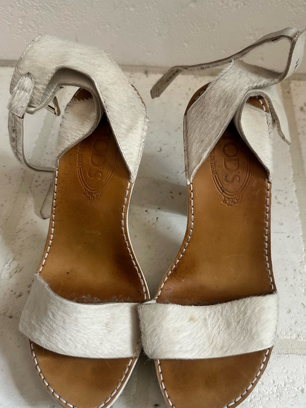 Tod's White Calf-Hair Ankle-Strap Sandals with Tan Footbed